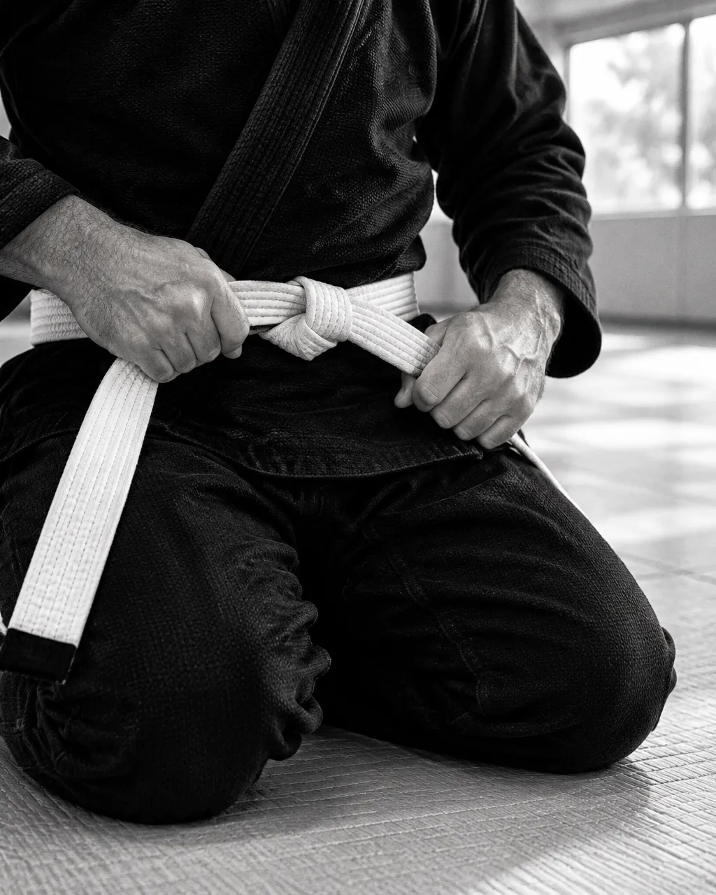 Moxie Jiu Jitsu student tying a white belt before class